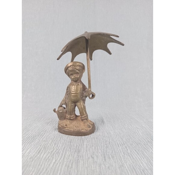 Vintage Brass Plated Boy With Umbrella And Watering Can Figurine - Picture 2 of 10